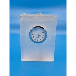 Vintage‎ Selenite Crystal Slab Desk Clock White Quartz Roman Numeral Stone Decor